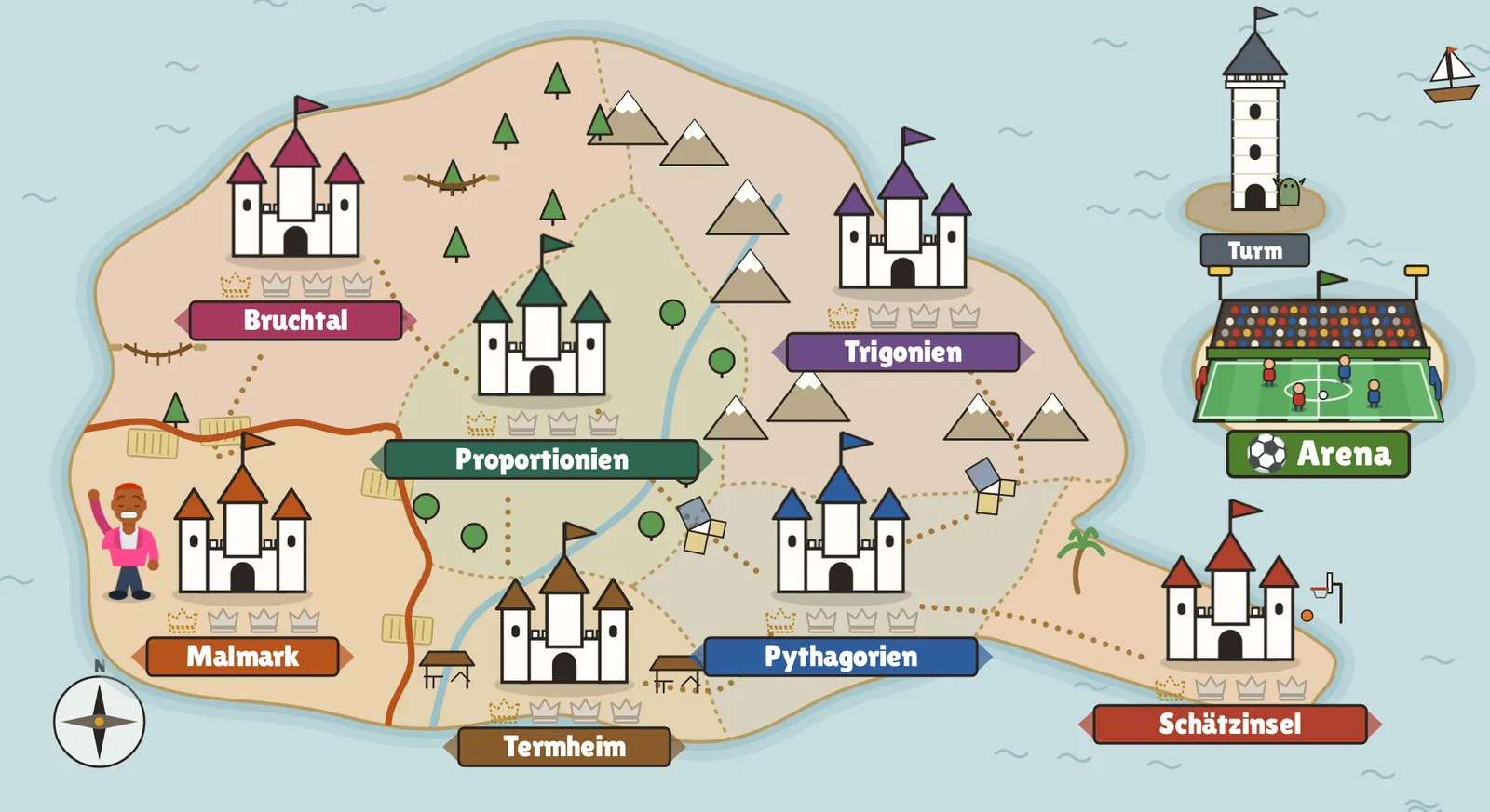 Die Karte vom Reich der Zahlen mit sieben Burgen, dem Turm im Norden und der Arena vor der Küste.