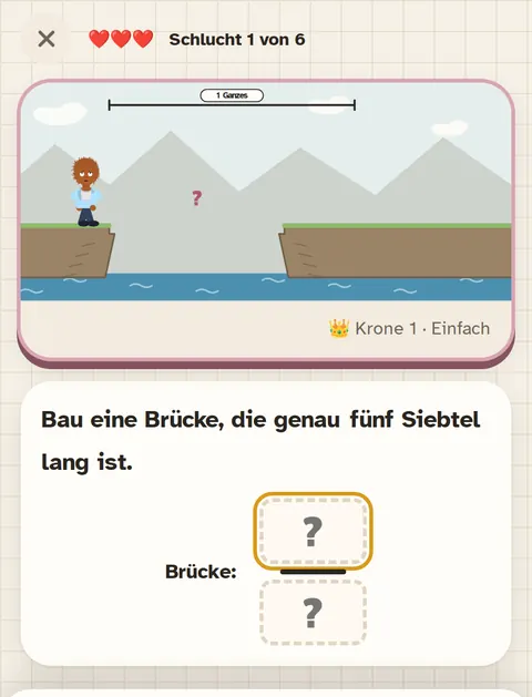 Bruchtal: Eine Figur steht vor einer Schlucht, die Brücke soll fünf Siebtel lang sein.