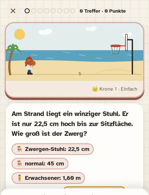 Schätzinsel: Strand mit Basketballkorb und einer Schätzfrage.